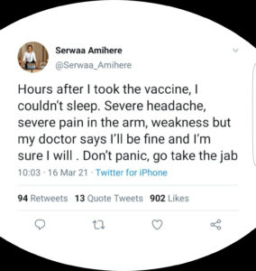 Serwaa Amihere - I couldn't sleep for hours after taking  the Covid-19 Vaccine  